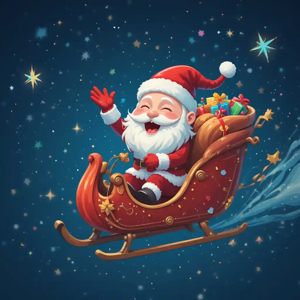 Babbo Natale che vola sul suo slitta in un cielo notturno stellato