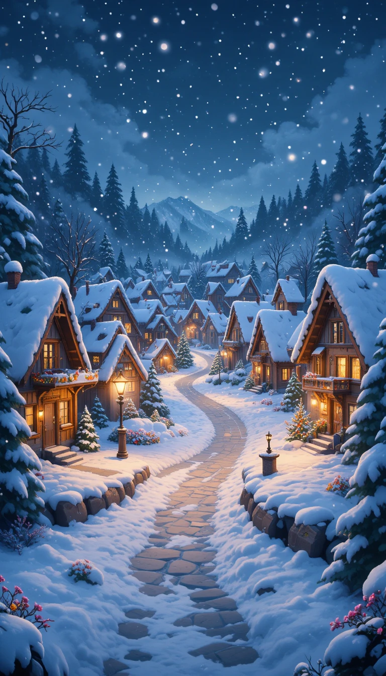 夜の魔法のような雪の村と輝くクリスマスライト