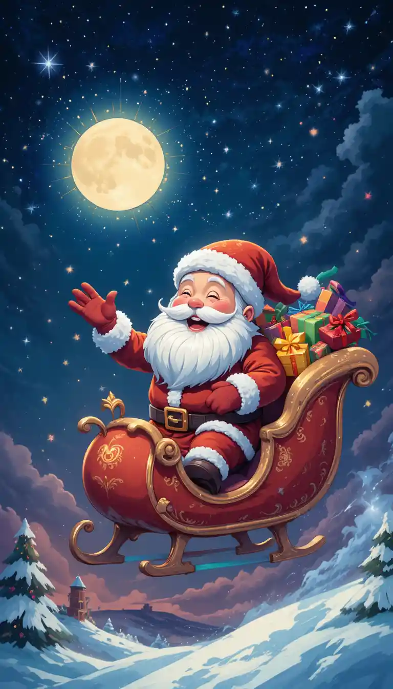 Papai Noel voando com seu trenó por um céu estrelado e brilhante