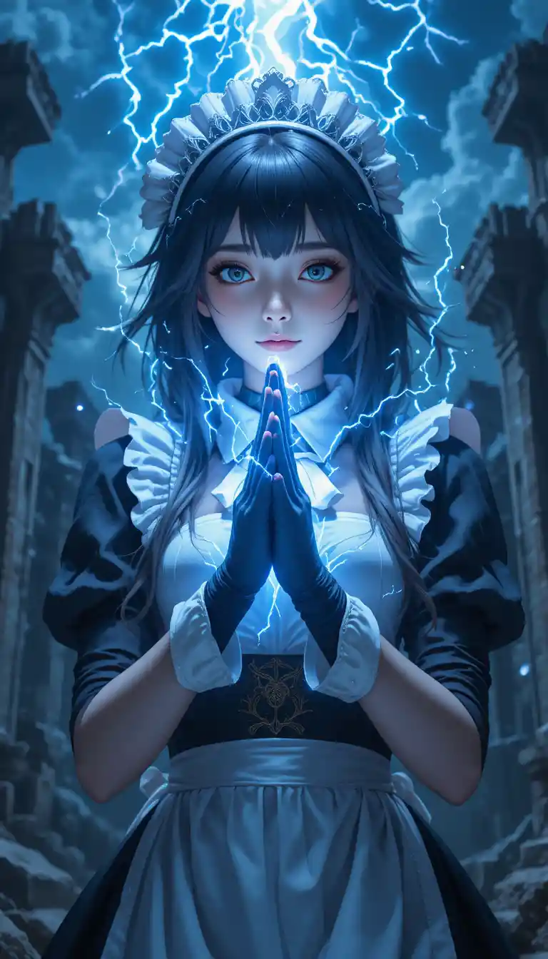Anime maid girl praying with magic in ancient ruins