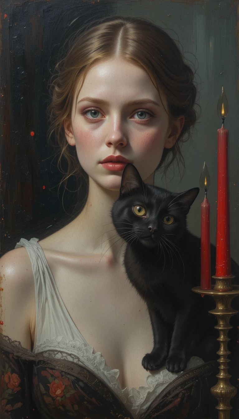 Gato Preto com Velas Vermelhas em Pintura a Óleo Neo Noir