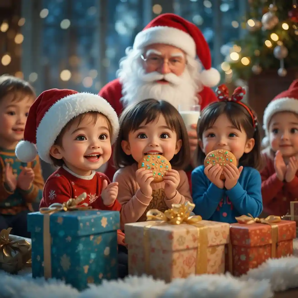 Happy children enjoying Santas cookies and milk together