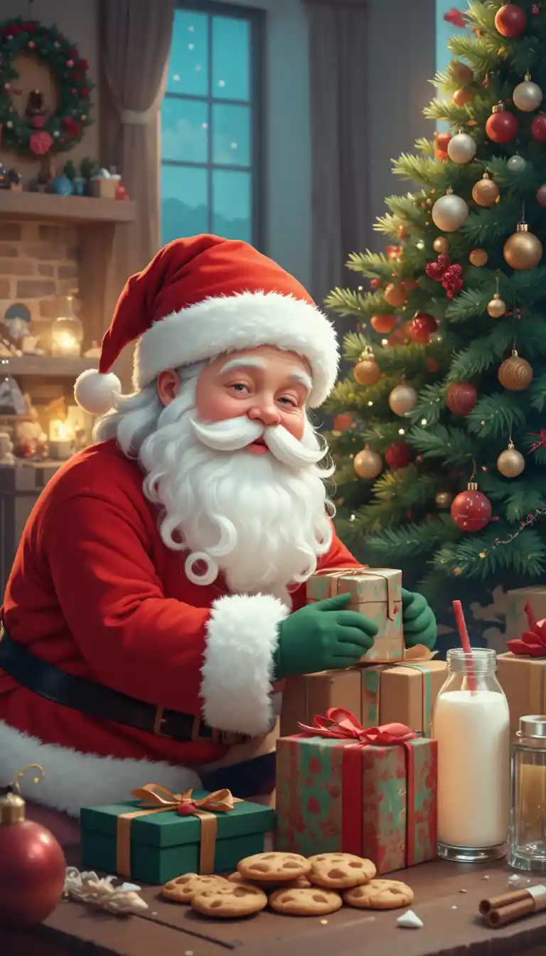 Papai Noel colocando presentes embaixo de uma árvore de Natal aconchegante