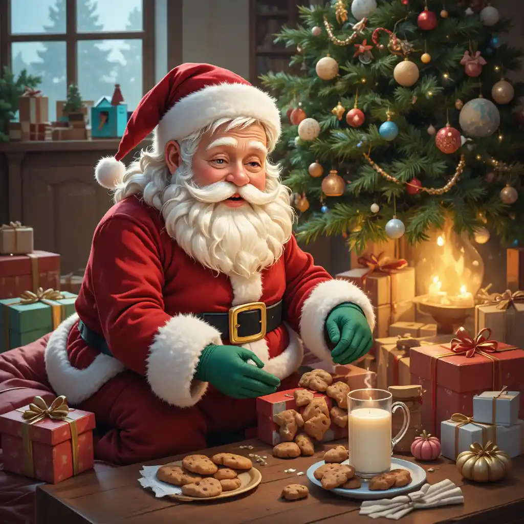 Papai Noel colocando presentes sob uma árvore de Natal iluminada