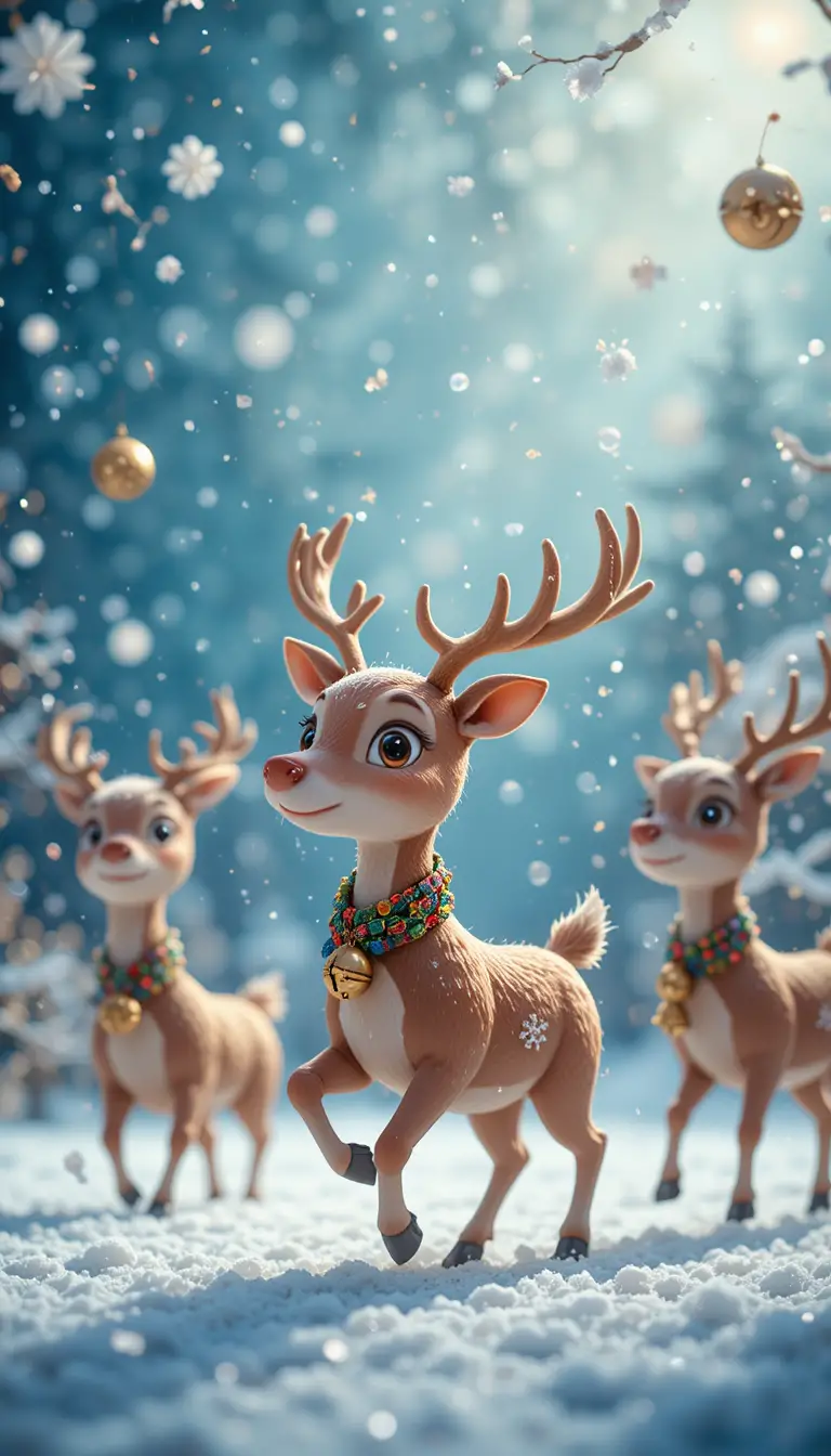 Joyful Reindeer With Jingle Bells In Falling Snow