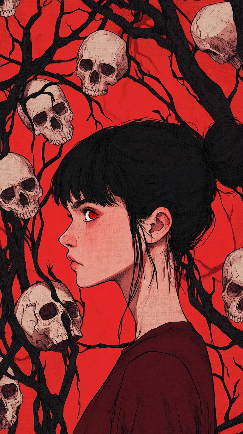 Young woman with red eyes before skull filled branches