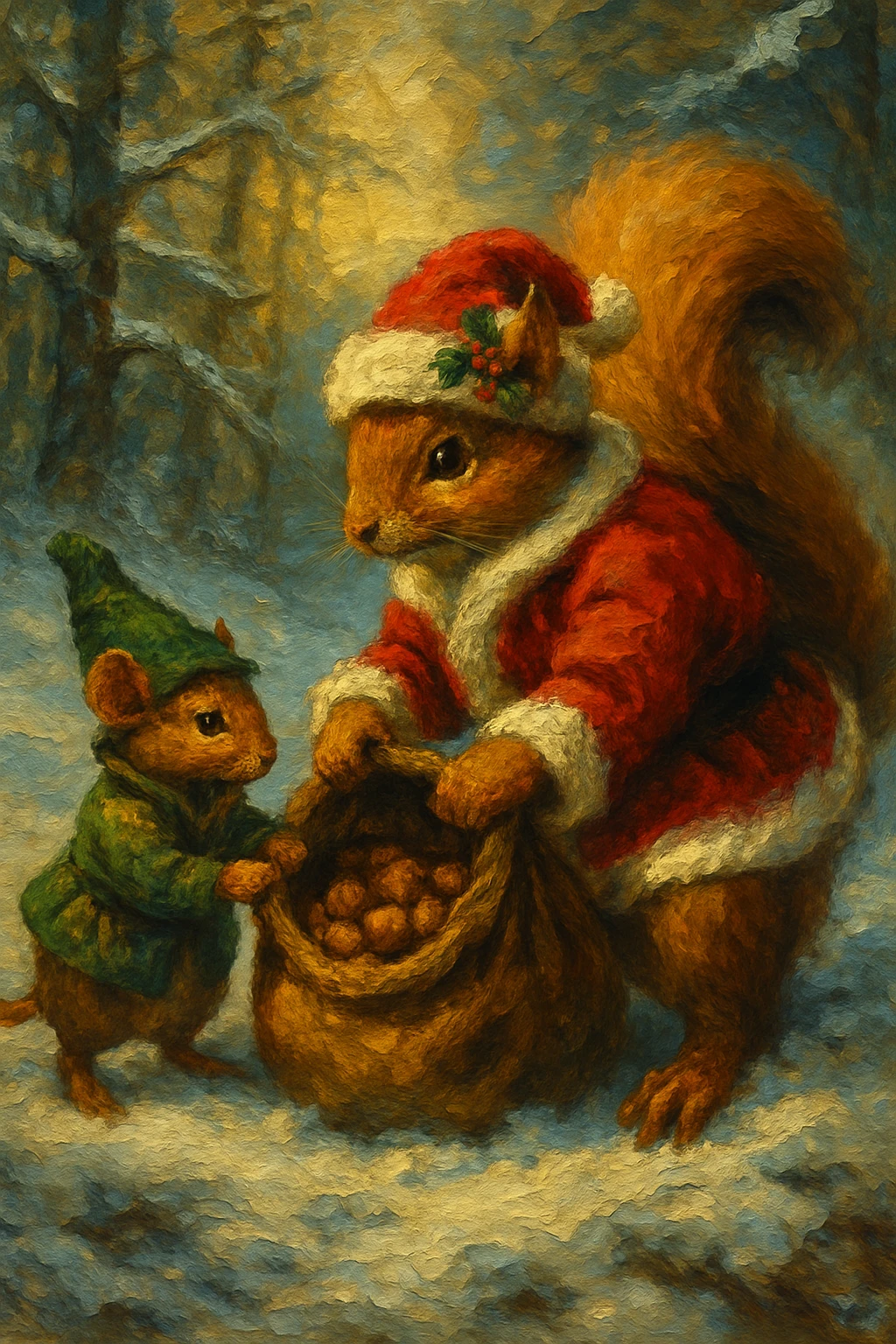 Anthropomorpher Eichhörnchen-Weihnachtsmann in verschneiter Winterwaldszene