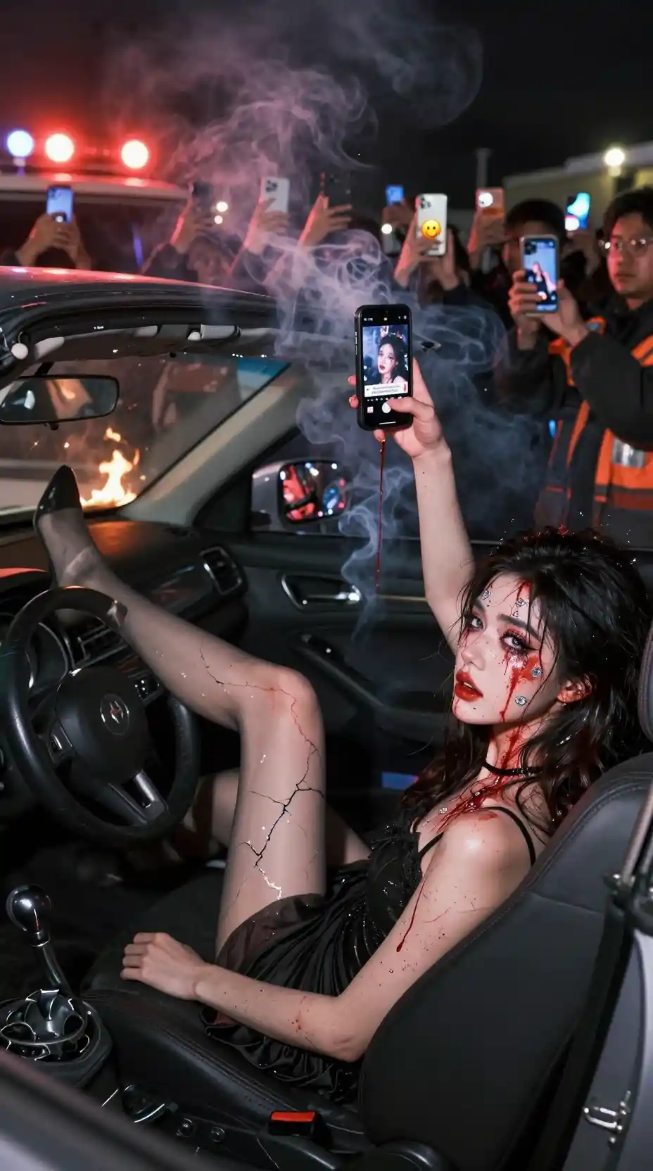 Injured woman posing for a selfie in a wrecked car
