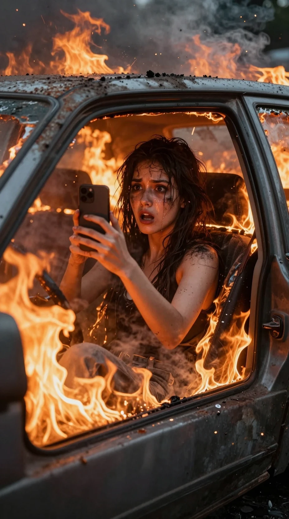 Jeune femme terrifiée prenant un selfie dans une voiture en feu