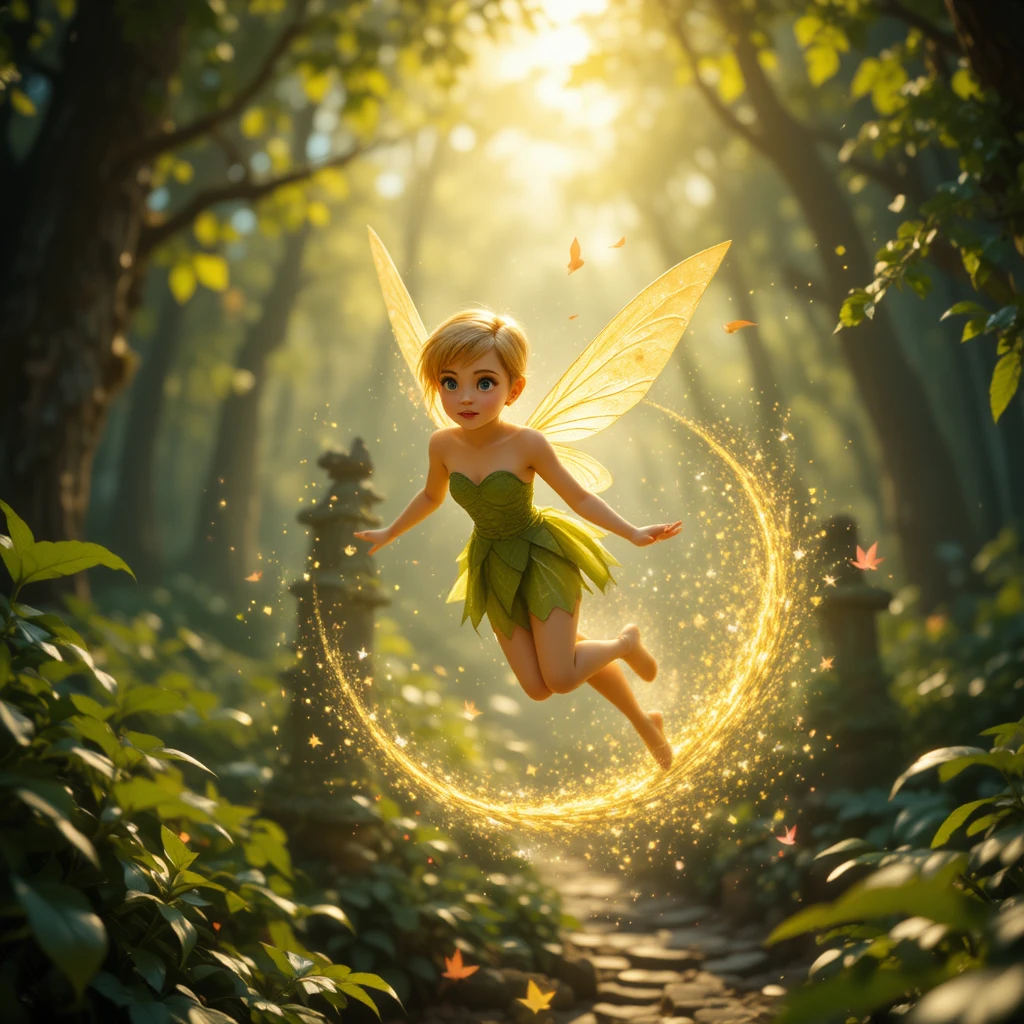 Fairy girl flying through a sunlit magical forest