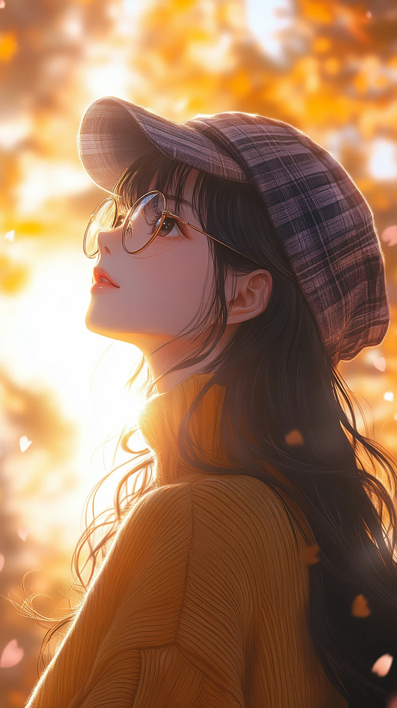 Anime girl with glasses gazing dreamily at the sky