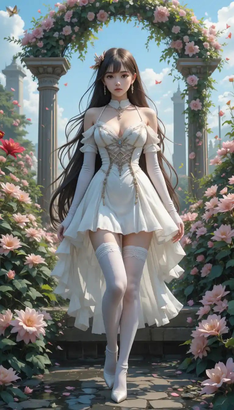 Anime girl in white dress standing by reflective water