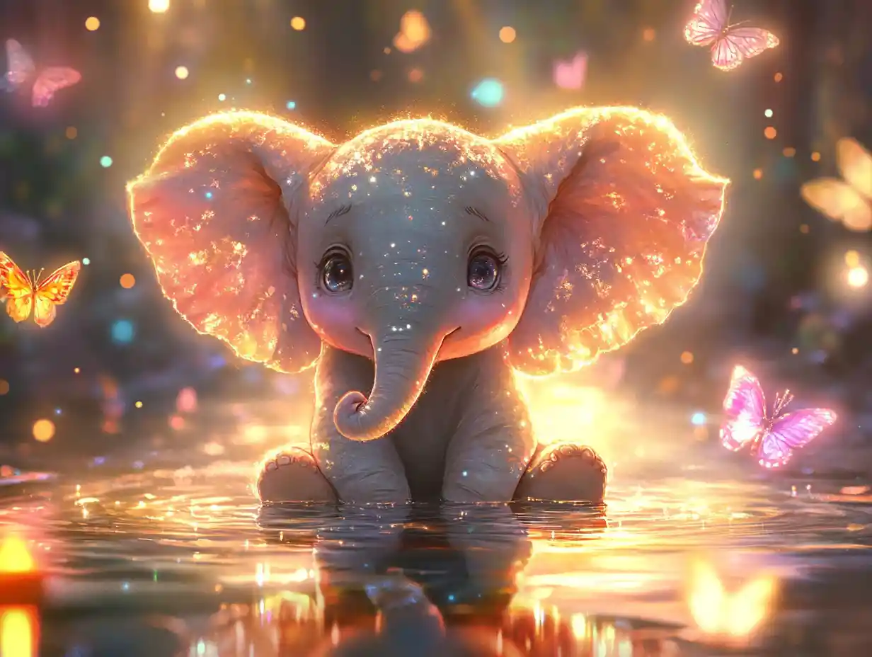 Adorável filhote de elefante em cena mágica de água reflexiva