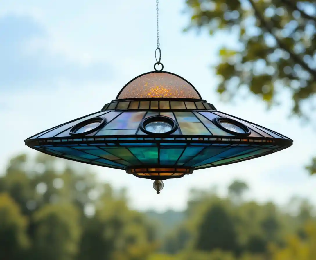 Stained glass flying saucer with three round porthole windows