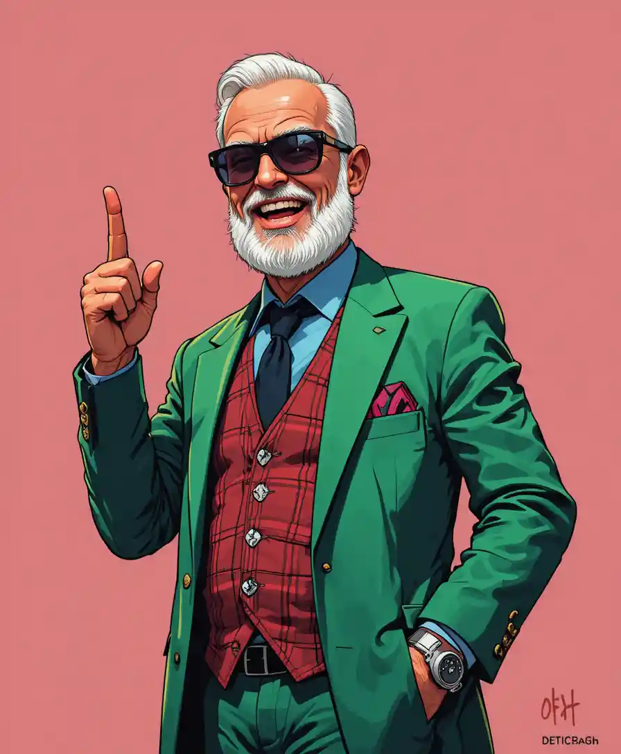 Velhinho feliz com bengala apontando para cima em blazer verde