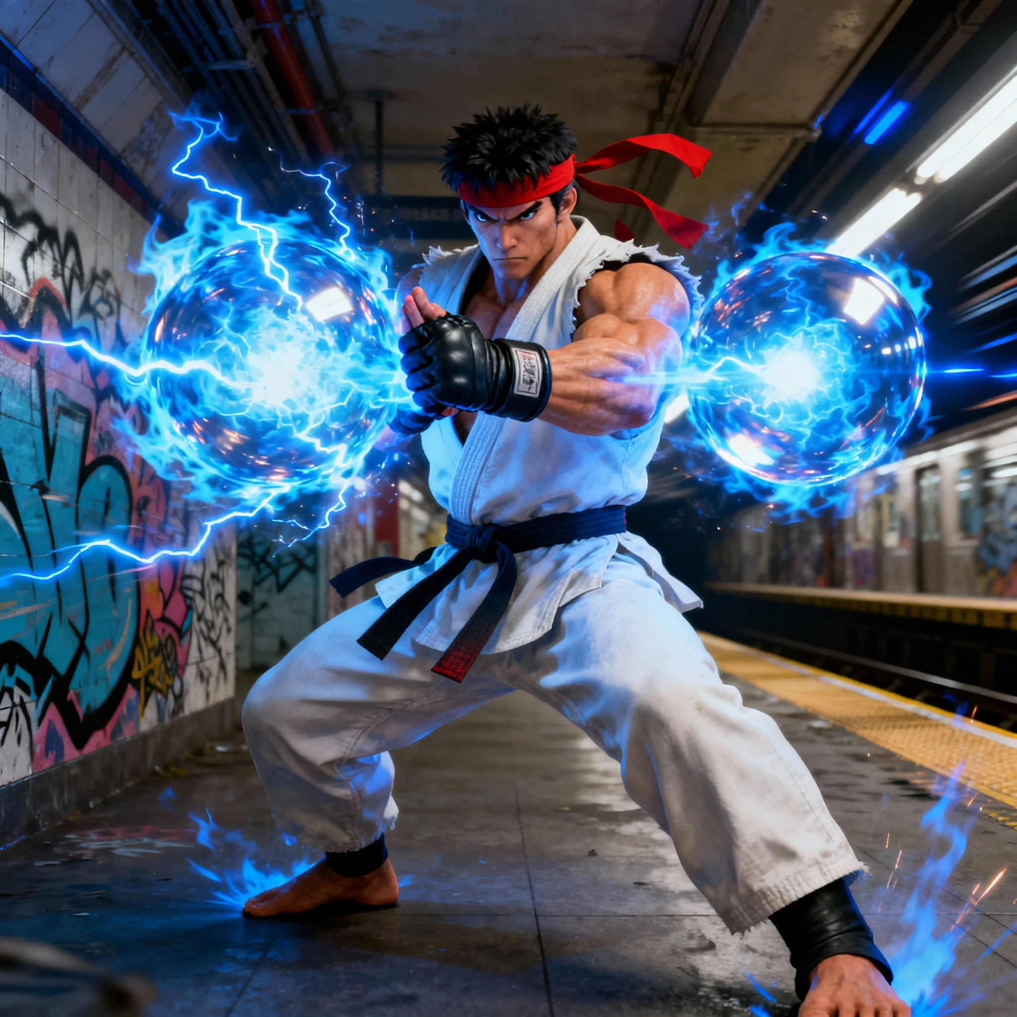 Artista marcial liberando rajada de energia azul em estação de metrô