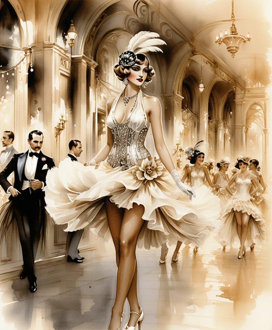 Danseuse flapper en aquarelle lors d’un gala baroque glamour
