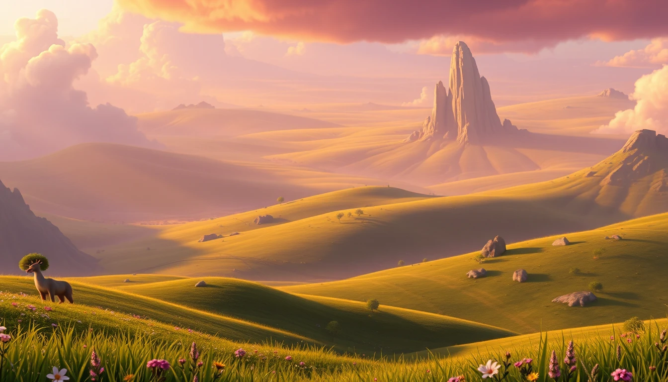 Saftig grüne Felder in einer weiten 3D-Landschaft auf dem Land