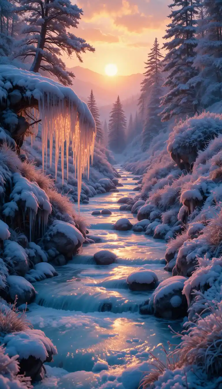 Torrente di montagna ghiacciato che brilla sotto la luce iridescente del tramonto