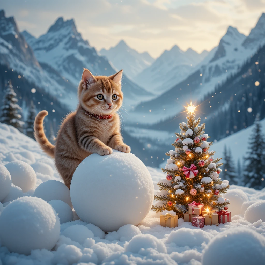 Adorable chaton et bébé jouant avec des boules de neige en plein air