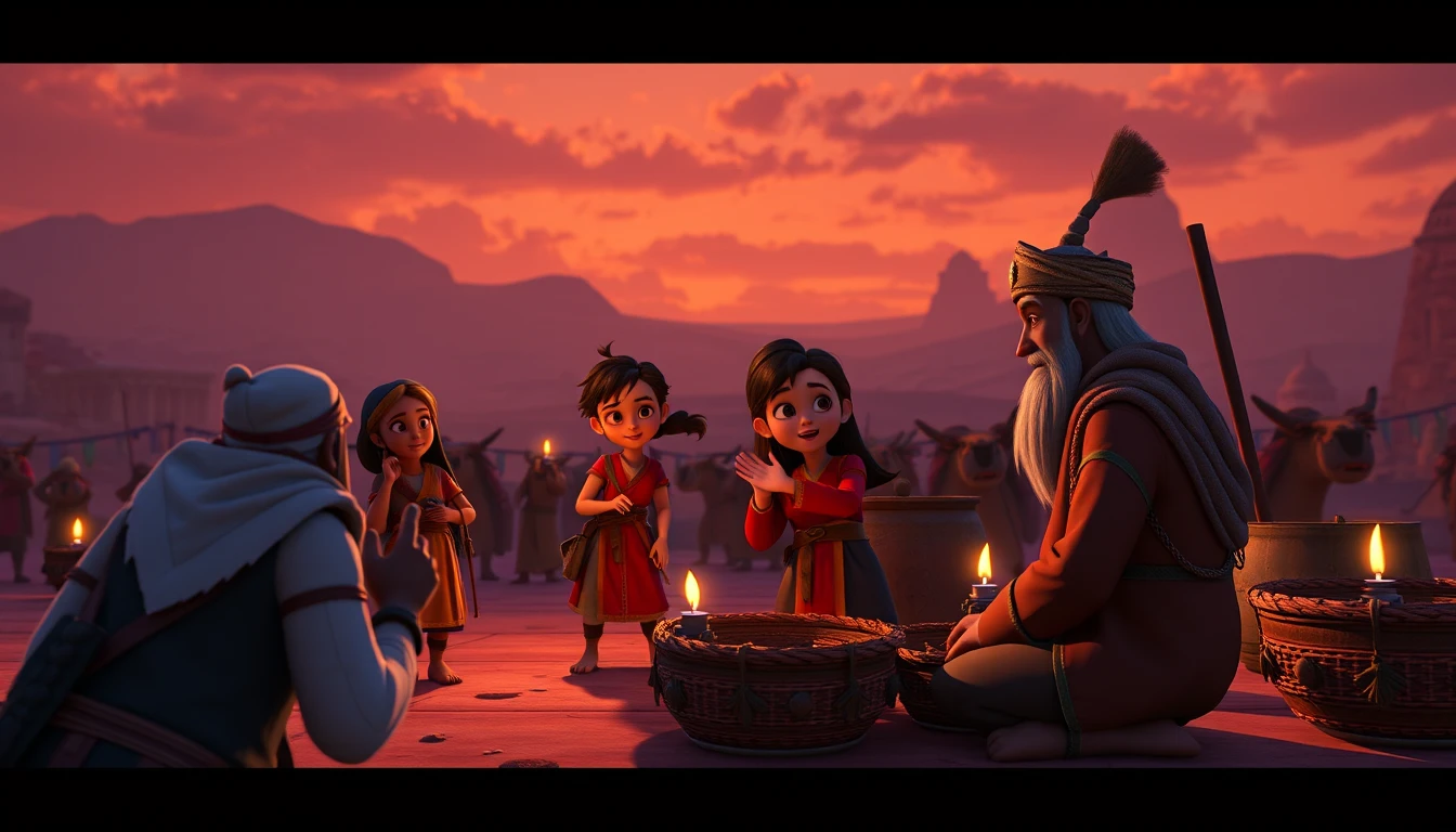 Animated travelers trading peacefully with nomads in desert
