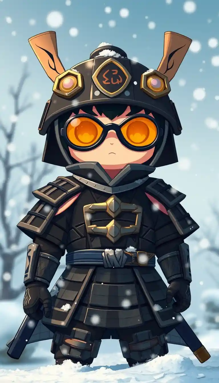 Guerrero insecto de anime con armadura samurái bajo la nieve