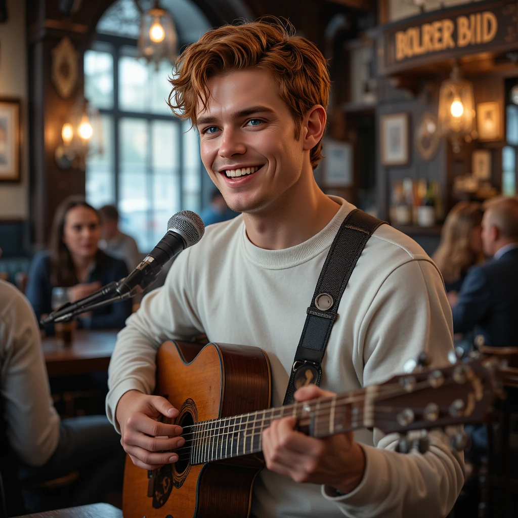 Jeune homme chantant des chants marins dans une taverne irlandaise