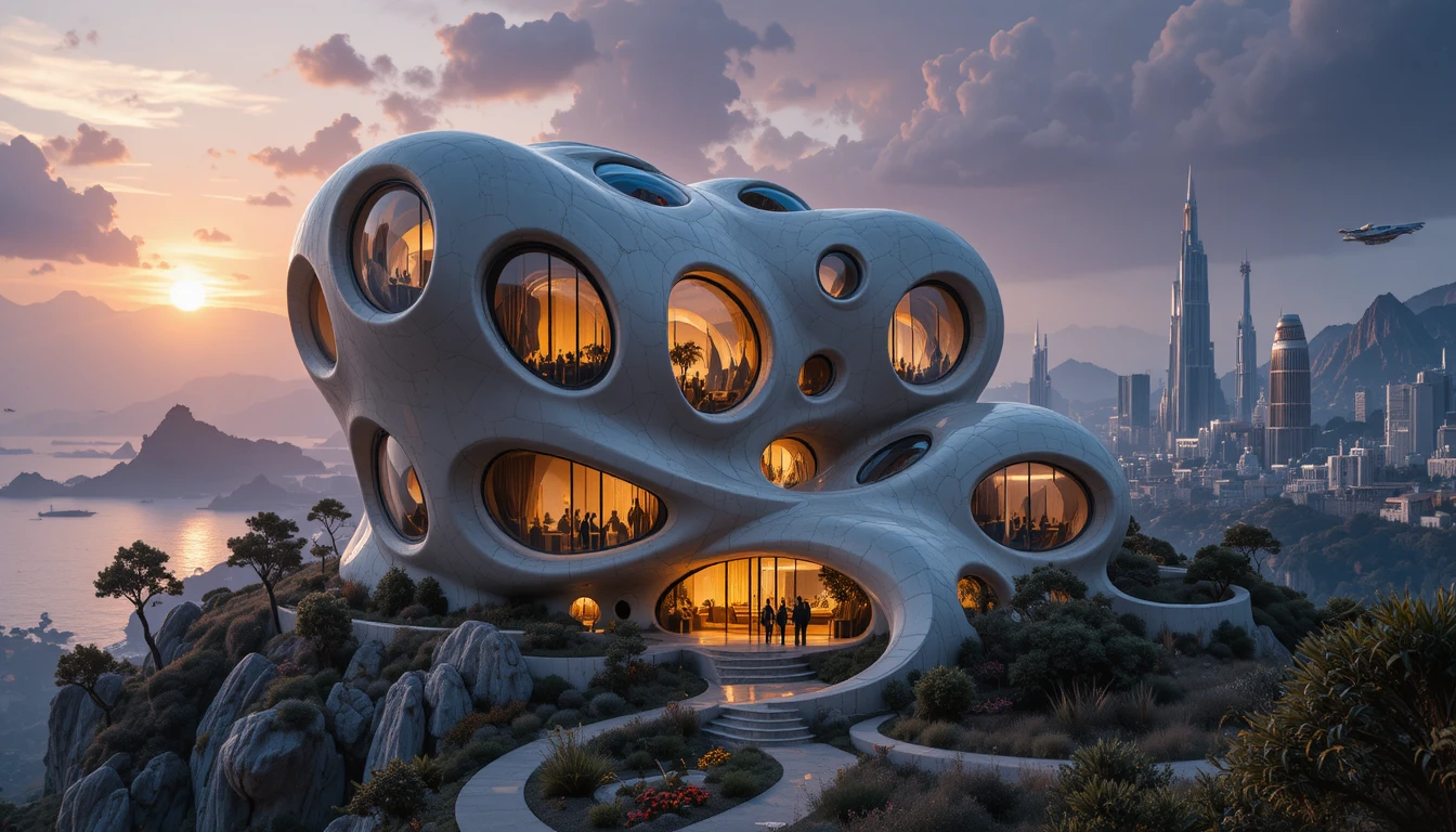 Villa futuriste en verre au bord de l’océan au coucher du soleil