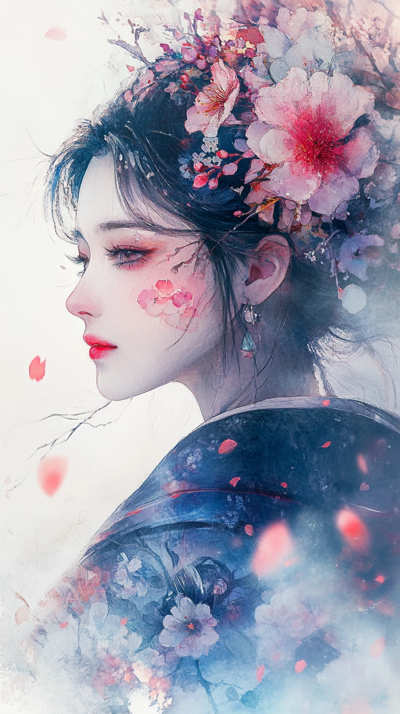 Japanese woman in blue kimono with floral headdress