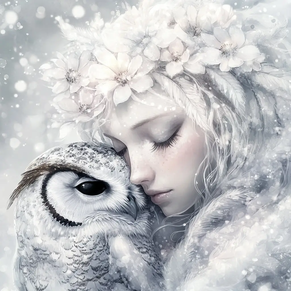 Winter fairy cuddling a snowy owl in watercolor pastels