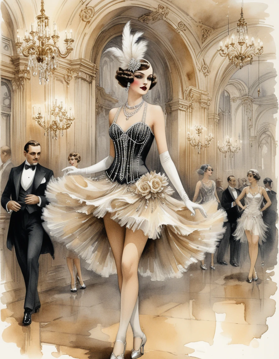 Glamourosa ballerina di cabaret anni Venti in una grandiosa sala da ballo barocca