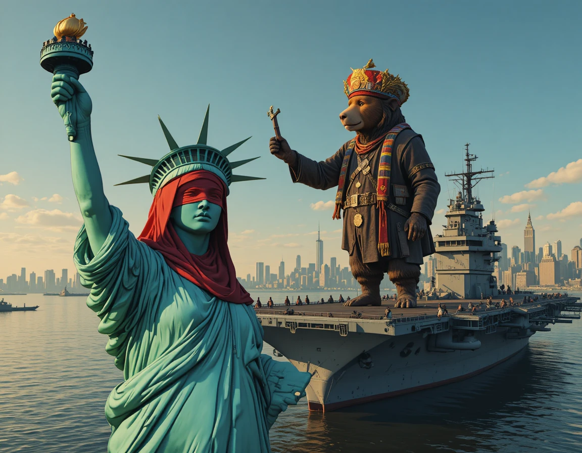 Estátua da Liberdade cumprimentando um urso russo no porto de Nova York