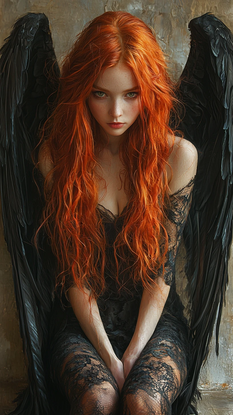 Sad red haired girl with black angel wings sitting alone