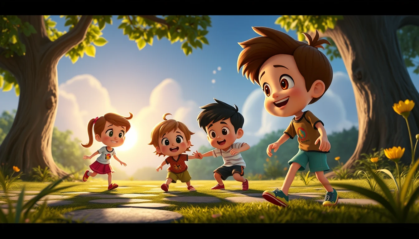 Des enfants jouent ensemble dans une scène animée 3D pleine d’espoir
