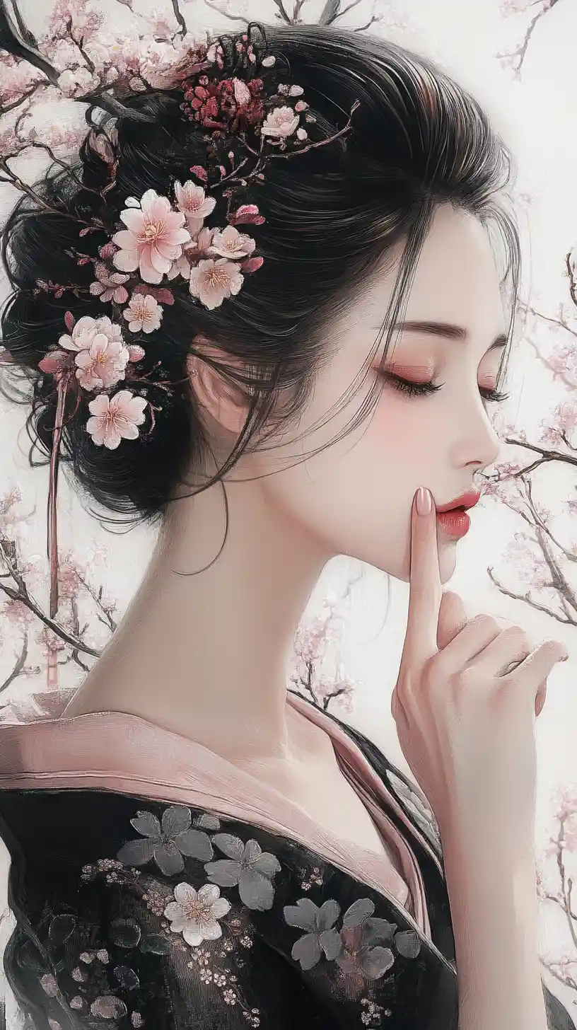 Elegant Japanese woman in cherry blossom portrait