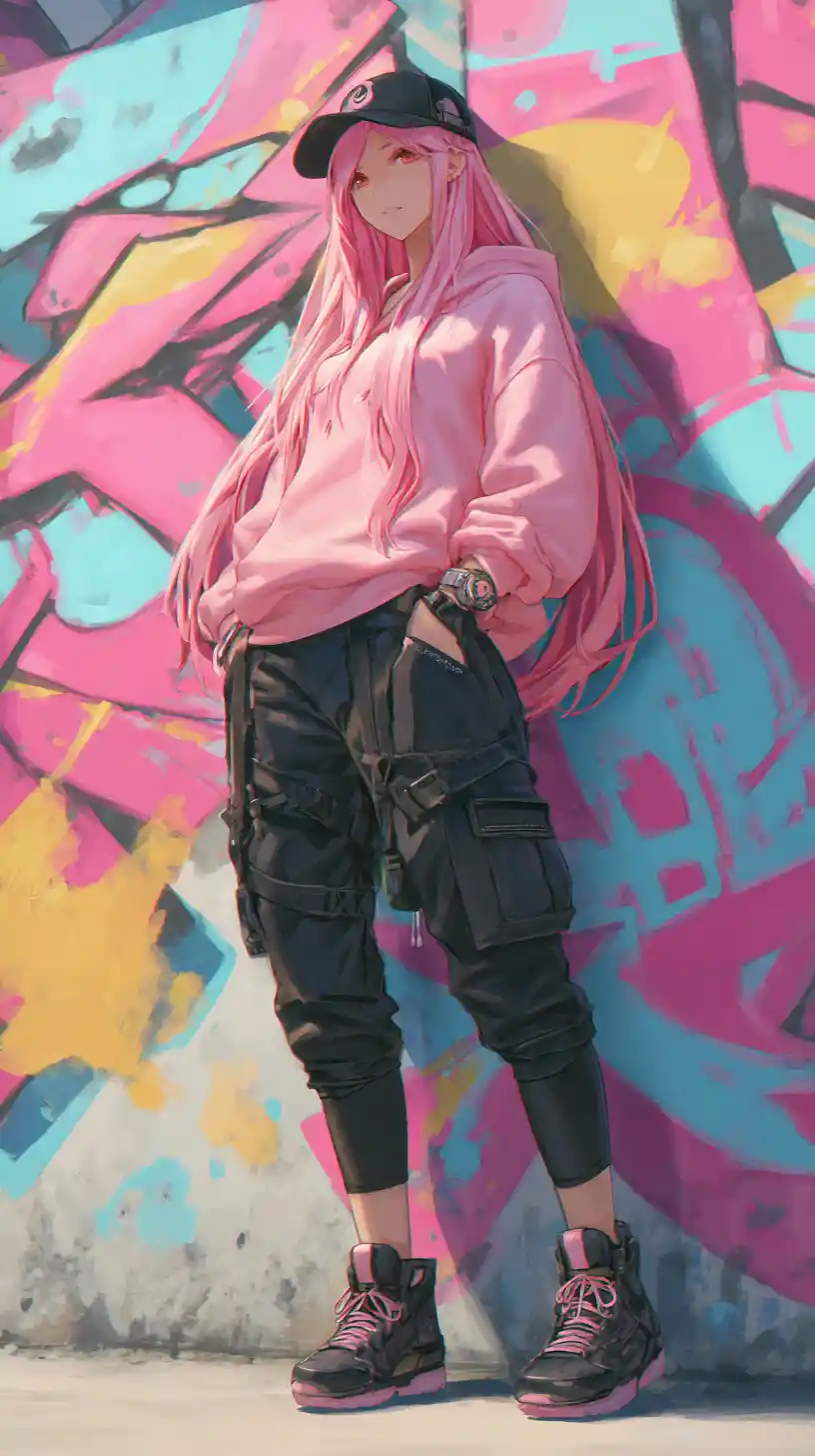 Pink haired anime girl posing by graffiti street wall