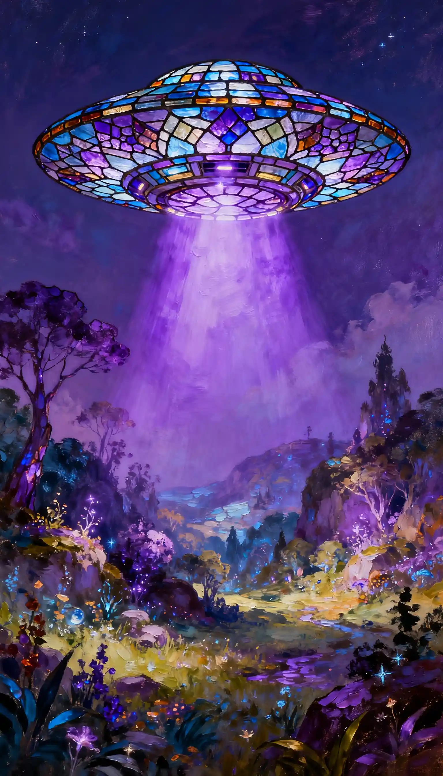 Vibrant stained glass ufo over a magical fantasy landscape