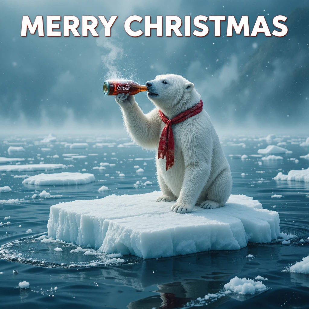 Oso polar bebiendo cola sobre hielo flotante en Navidad