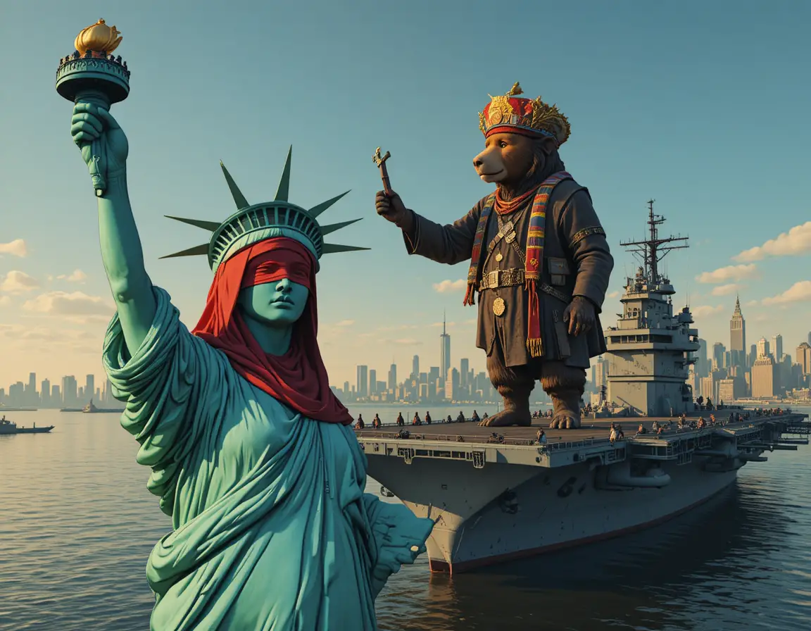 La Estatua de la Libertad saludando a un oso ruso en el puerto de Nueva York