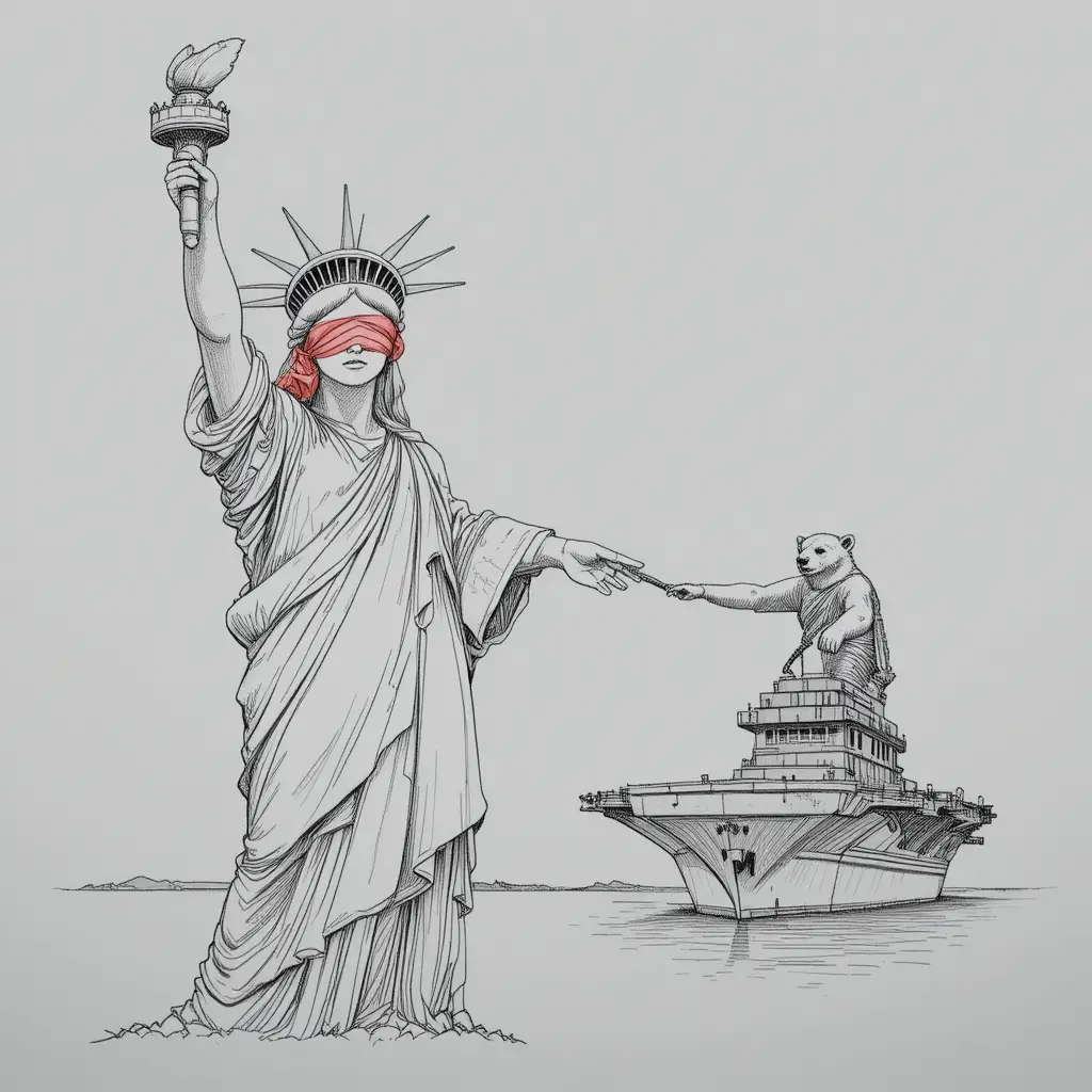 Estatua de la Libertad Dando la Mano a un Oso Ruso en un Portaaviones