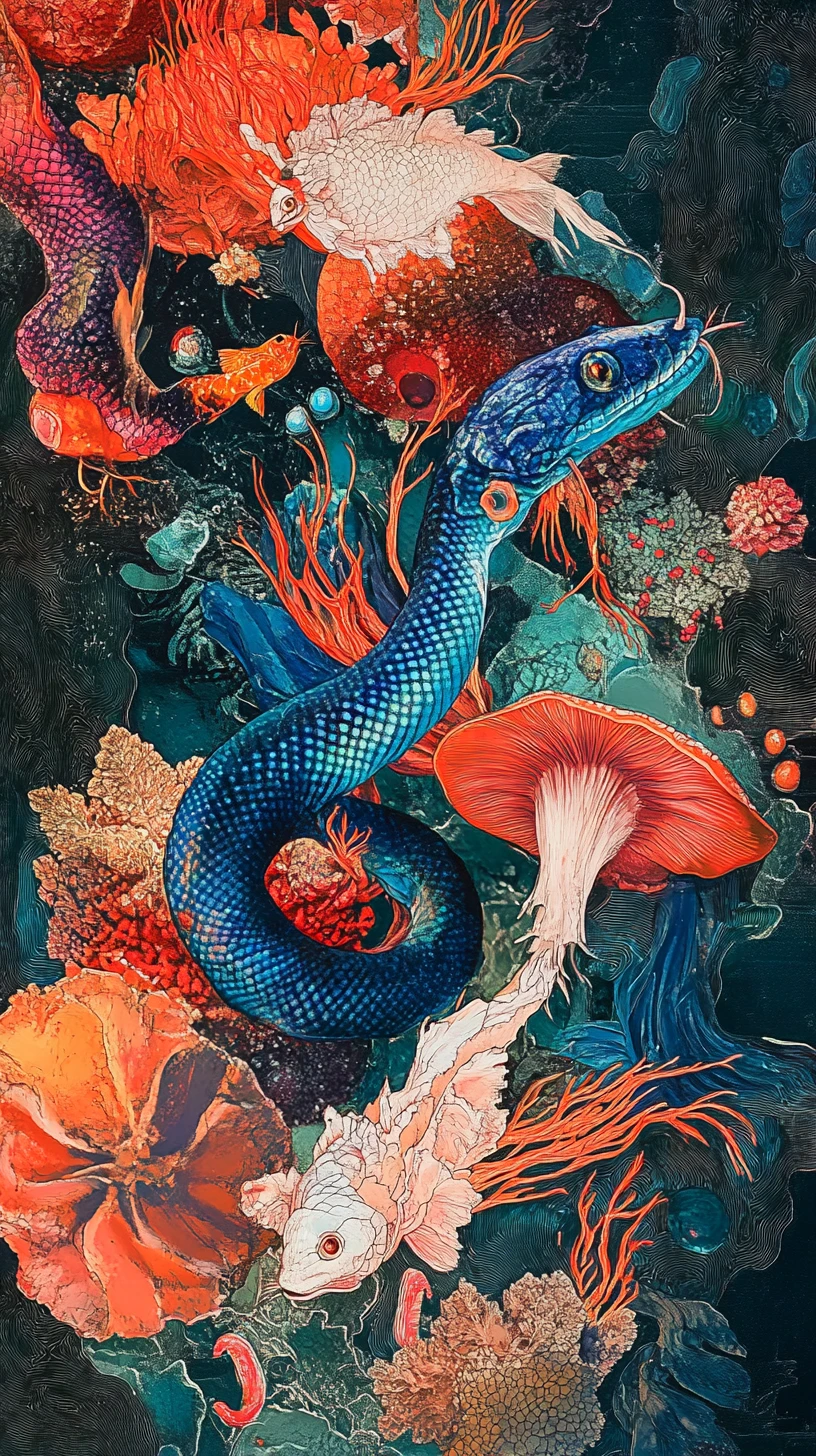 Serpientes marinas azules surrealistas nadan por un río submarino brillante