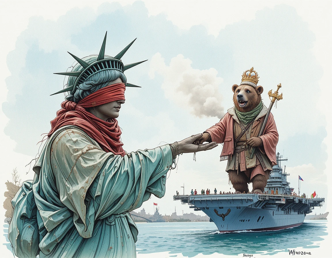 Estátua da Liberdade alcançando urso russo em navio de guerra