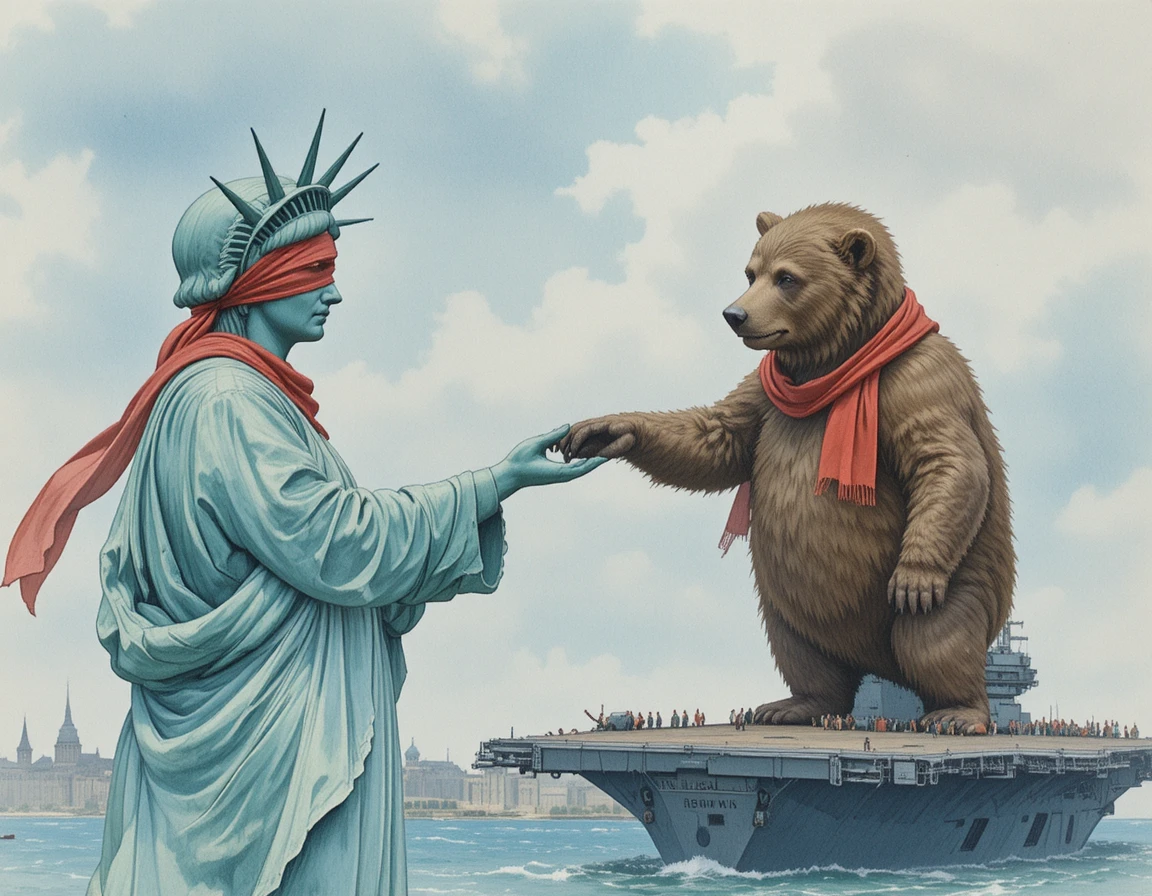 Statue Of Liberty And Russian Bear Meeting On Aircraft Carrier