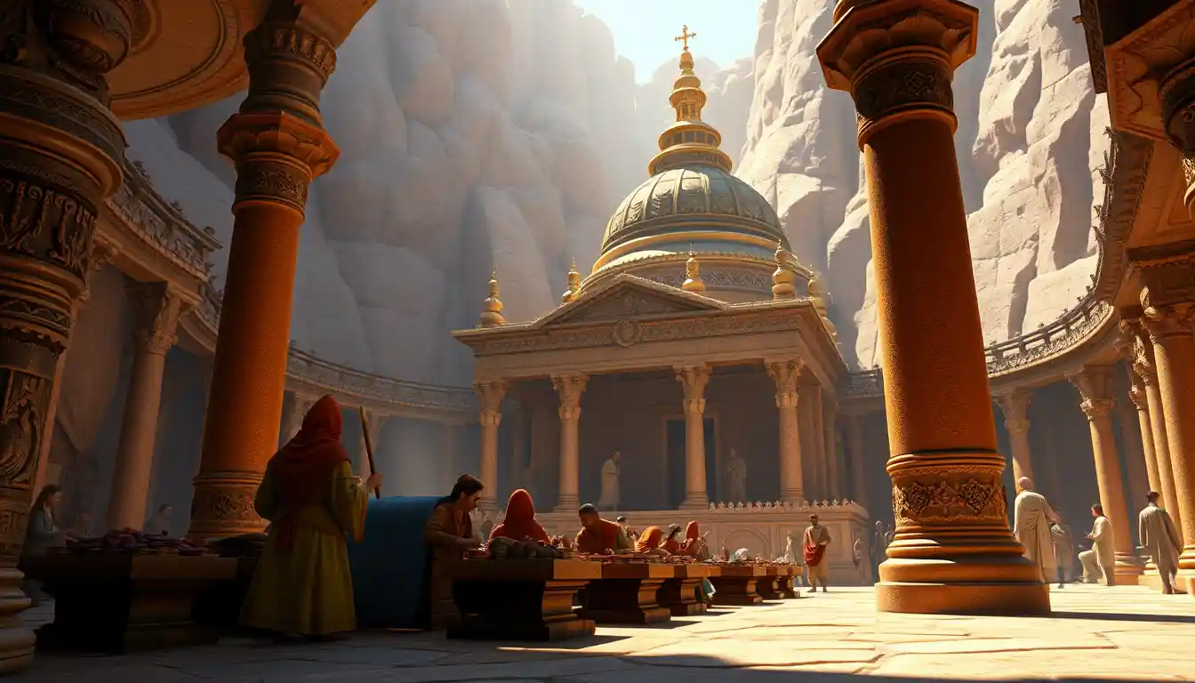 Artisans façonnant un tabernacle orné dans un style 3D animé