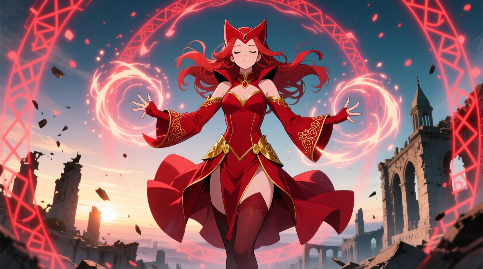Anime sorceress floating above ruins with crimson magic