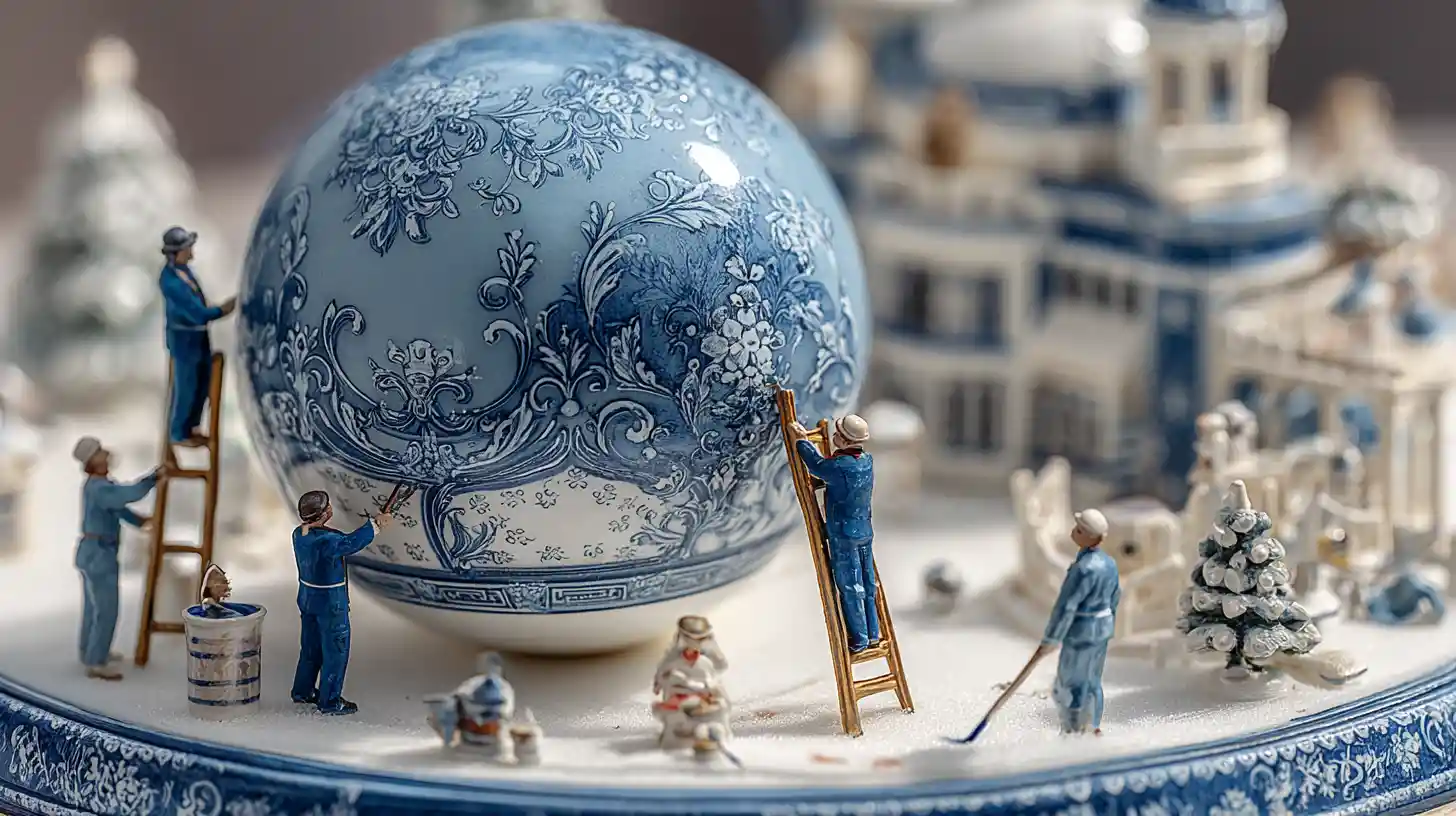 Ouvriers miniatures peignant une boule de Noël bleue