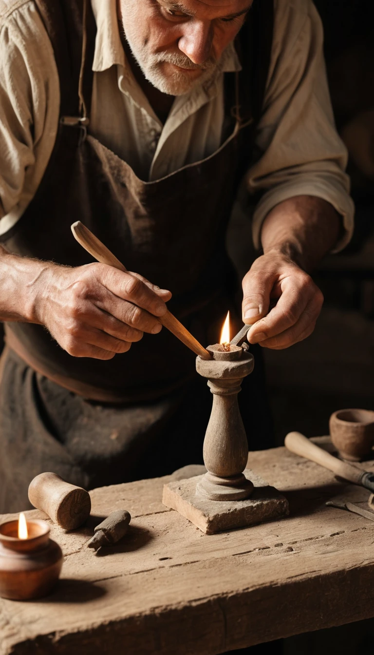 Mani ruvide di un carpentiere che stringono utensili di legno alla luce di una lampada