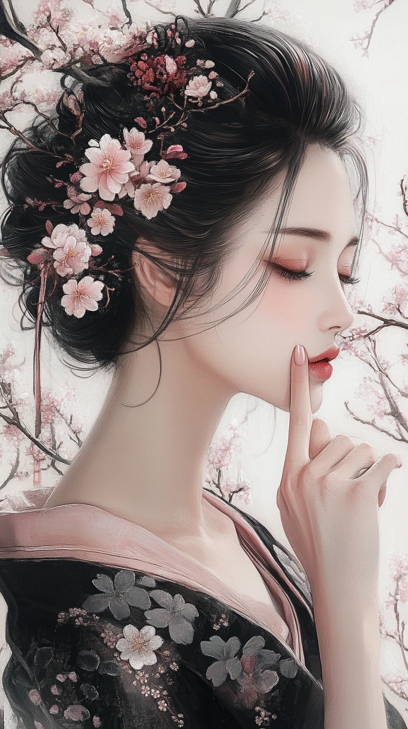 Elegant Japanese woman in cherry blossom portrait