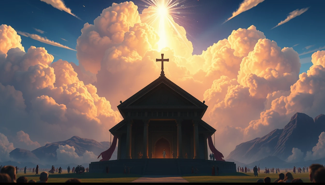 Cena épica de templo 3D com nuvem de glória descendo