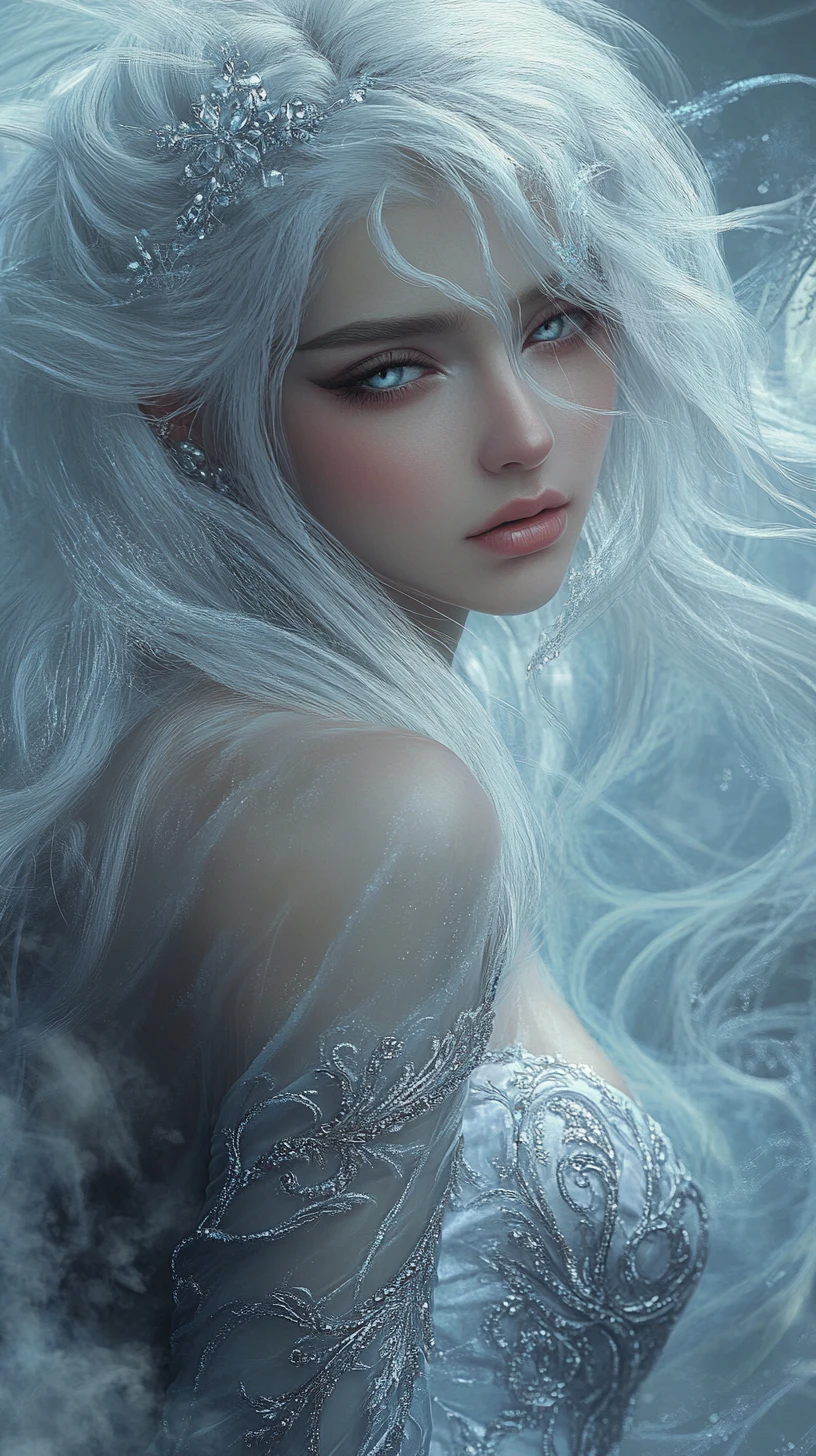 身著華麗銀色霜紋禮服的憂鬱冰雪女王